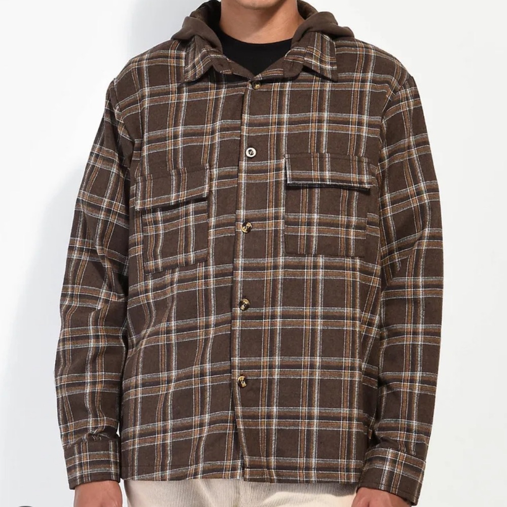 American Stitch brown hooded flannel long sleeve button down